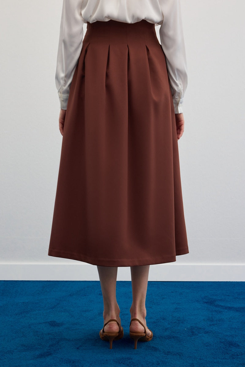 Разкроена миди пола с висока талия в кафяв цвят