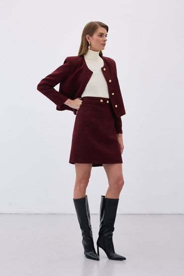 Елегантен туид комплект от пола и сако в бордо