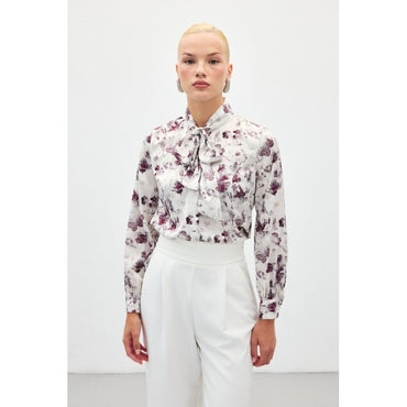 Сатенена риза с мек шал и абстрактен принт в бордо