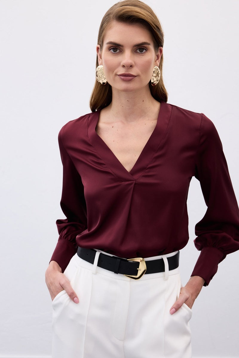 Сатенена блуза в цвят бордо