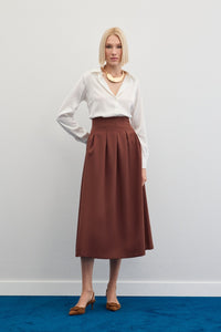 Разкроена миди пола с висока талия в кафяв цвят