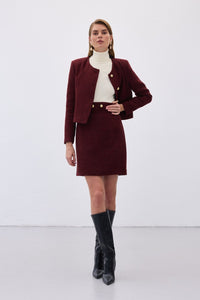 Елегантен туид комплект от пола и сако в бордо