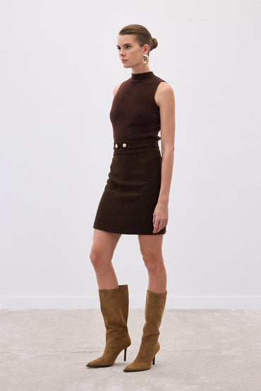 Елегантен туид комплект от пола и сако в кафяво