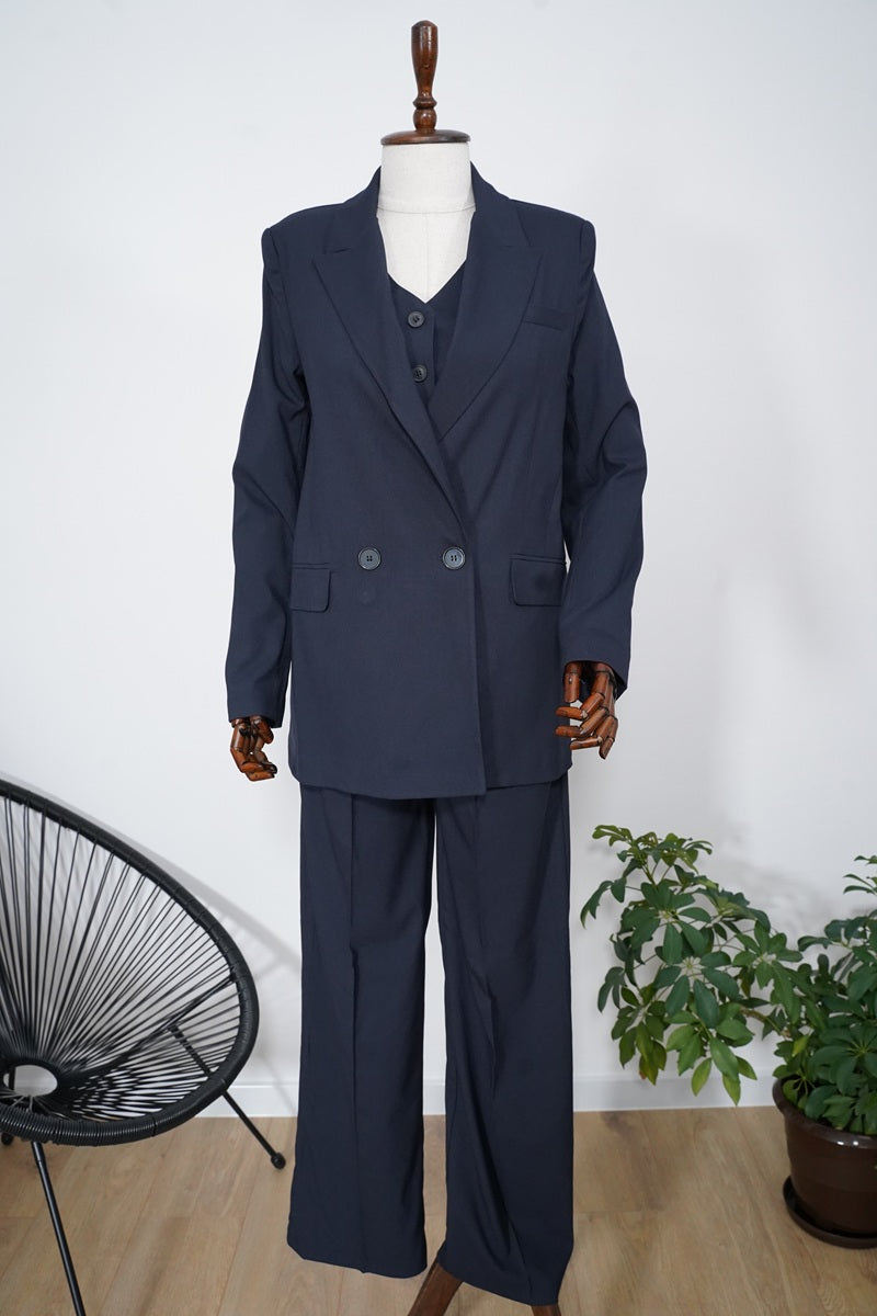 Тъмносин елегантен комплект с панталон, елек и сако