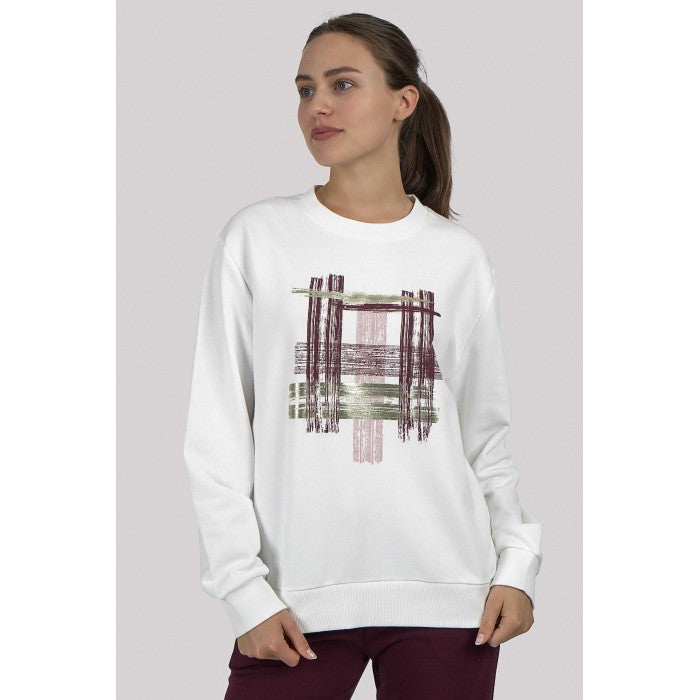 Бяла блуза с абстрактен принт в цвят бордо