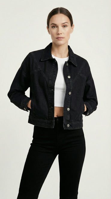 Дамско късо дънково яке в черен деним