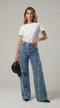 Дънки Baggy Jean с висока талия и каубoйски ресни