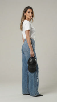 Дънки Baggy Jean с висока талия и каубoйски ресни