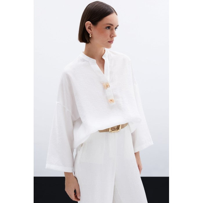 Ленена блуза с флорален акцент - Екрю