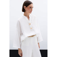 Ленена блуза с флорален акцент - Екрю