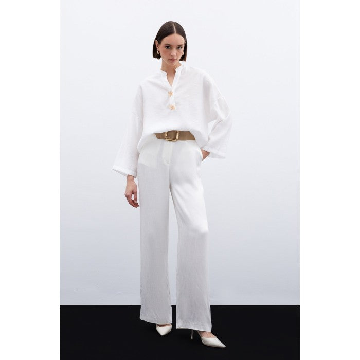 Ленена блуза с флорален акцент - Екрю