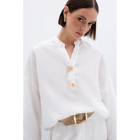 Ленена блуза с флорален акцент - Екрю