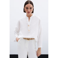 Ленена блуза с флорален акцент - Екрю