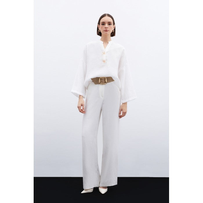 Ленена блуза с флорален акцент - Екрю