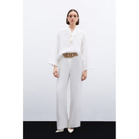 Ленена блуза с флорален акцент - Екрю