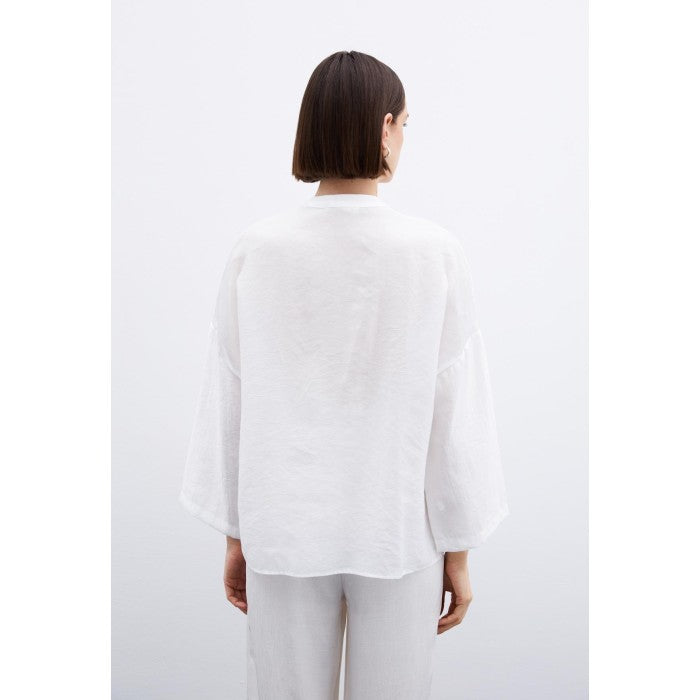 Ленена блуза с флорален акцент - Екрю