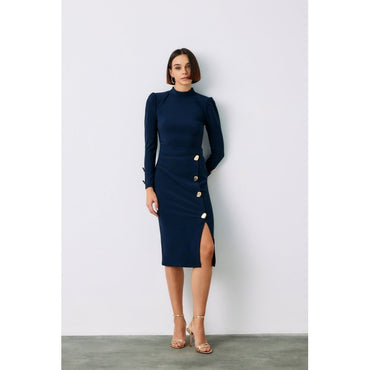 Миди-пола молив в нощно синьо със златисти копчета