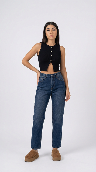 Mom-fit дънки с висока талия - тъмно сини