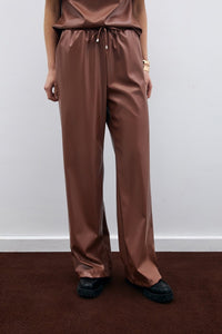 Кафяв кожен панталон с връзки в талията