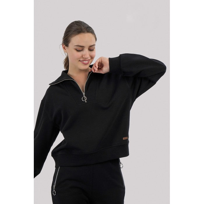 Суитшърт с цип и поло яка Midnight Black